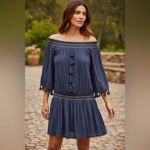 Lilly Pulitzer Joelle Off-Shoulder Dress True Navy Gauze Gold Smocking Tassels L